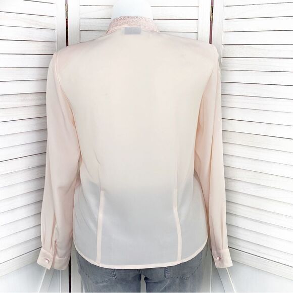 Kathy Che Vintage Sheer Lace Pleats Detail Blouse Peach Pink 12 - Picture 5 of 11